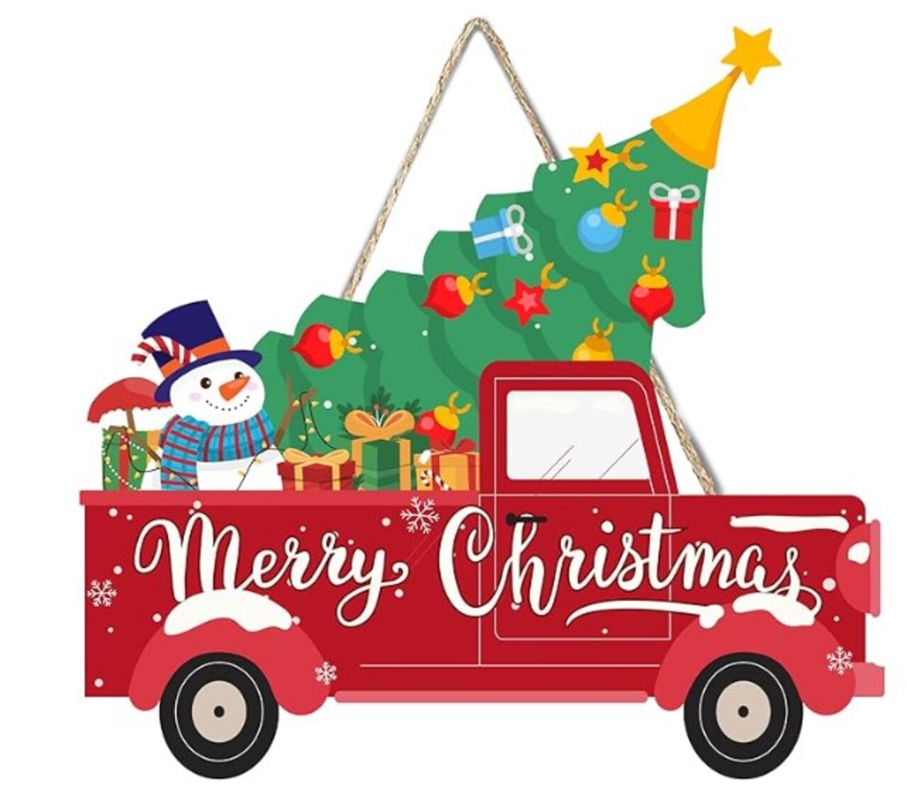 Merry Christmas Door Sign Wall Hanging, Red Car Christmas Door Hanger, Snowman Christmas Tree Door Decor, Winter Welcome Sign 11x11 Inch Christmas Door Decorations